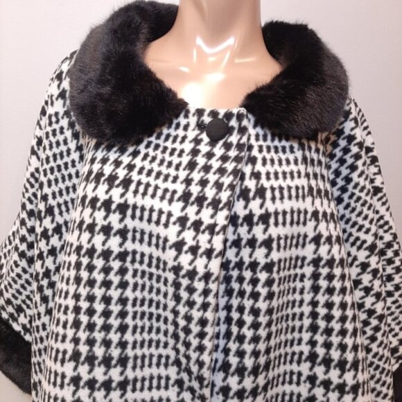 Marina Luna Houndstooth Cloak Winter Fleece Cape Poncho Coat Faux Fur Trim L XL - Picture 3 of 15